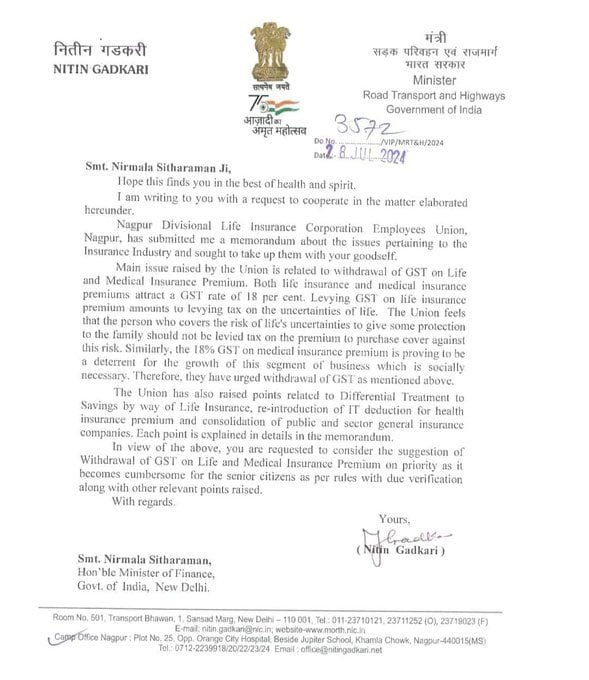 Union Minister of Road, Transport and Highways Nitin Gadkari has urged Finance Minister Nirmala Sitharaman to remove the 18 per cent Goods and Services Tax GST on Health and Life Insurance Premiums 1 Nitin Gadkari Letter