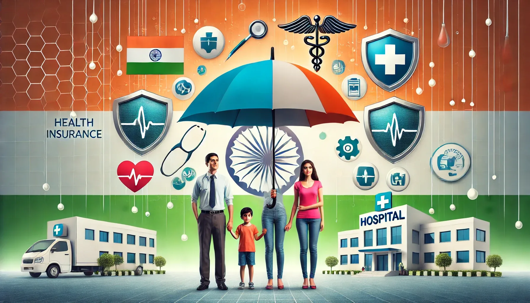 A image of health insurance in India, featuring a family of four (parents and two children) under an umbrella with medical symbols What is Health Insurance, and Why is it Essential in India?